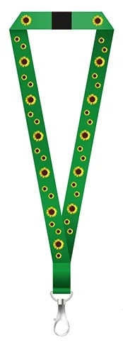 Example of what the Sunflower Lanyard looks like. It is a green neck lanyard with images of sunflowers on it.